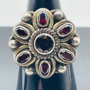Doug Paulus Sterling Silver Red Garnet Flower Cocktail Ring Size 6.25 India 925